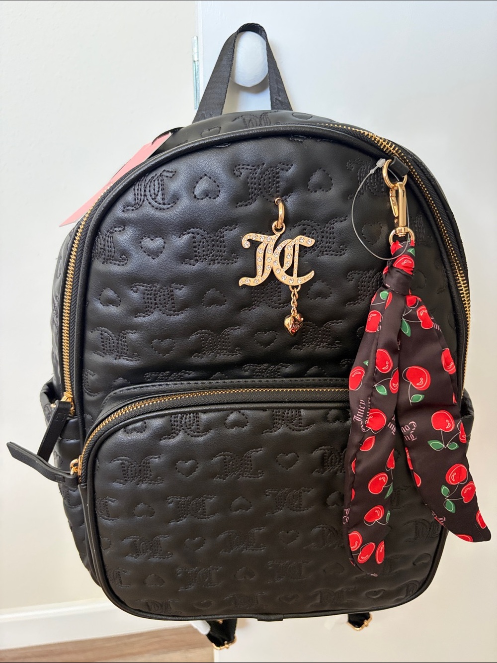 Juicy Couture Black Quilted Heart Backpack with Gold JC Charm and Cherry Scarf